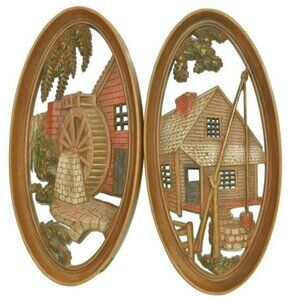 60-70's Oval Wall Art by Burwood Water Wheel Mill and Farm House Resin Plastic